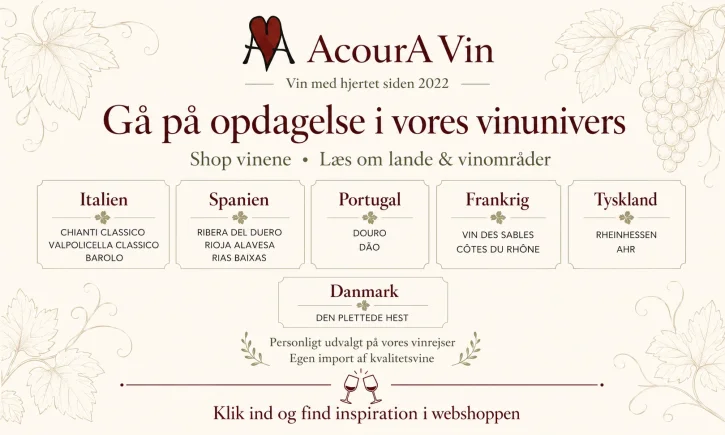 Grafisk forside-slider for AcourA Vins vinunivers med lande og vinomr�der som Italien, Spanien, Portugal, Frankrig, Tyskland og Danmark samt fokus p� webshop, vinrejser og egen import af kvalitetsvine.