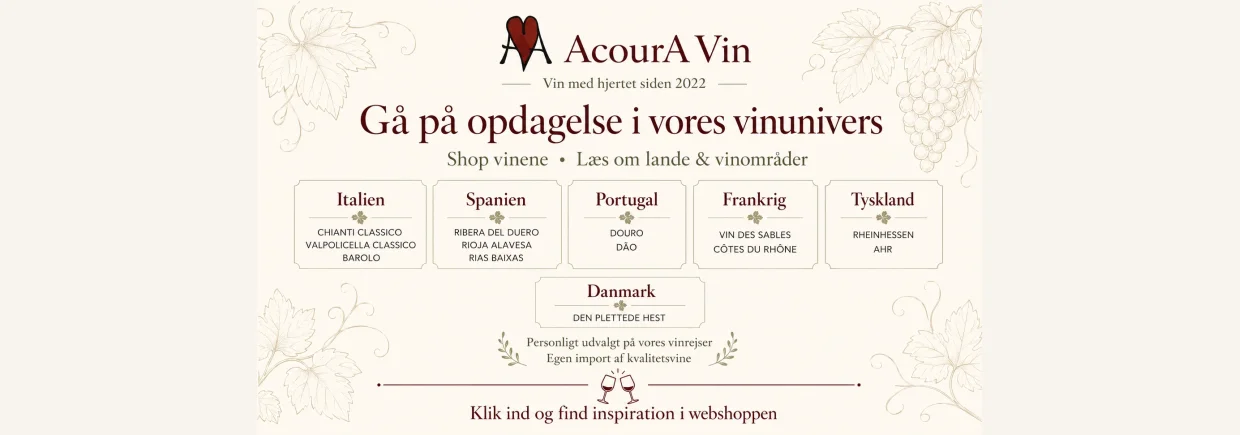 Grafisk forside-slider for AcourA Vins vinunivers med lande og vinomr�der som Italien, Spanien, Portugal, Frankrig, Tyskland og Danmark samt fokus p� webshop, vinrejser og egen import af kvalitetsvine.